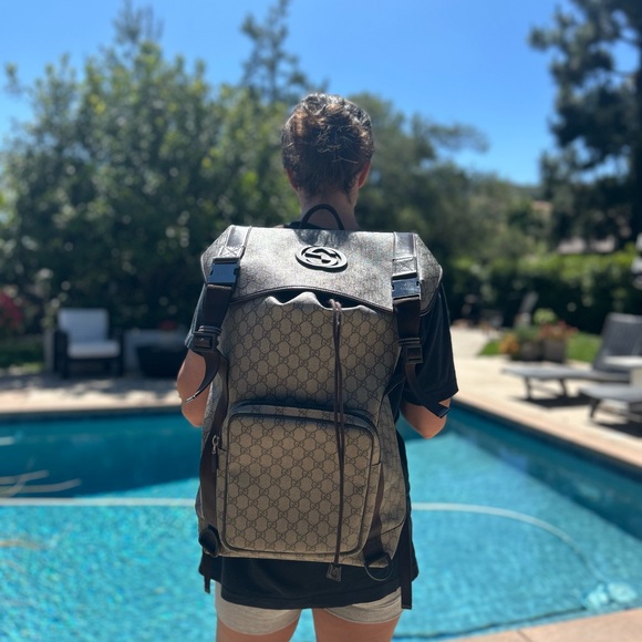 GG SUPREME CANVAS INTERLOCKING G BACKPACK- BEIGE/BROWN - Picture 6 of 10